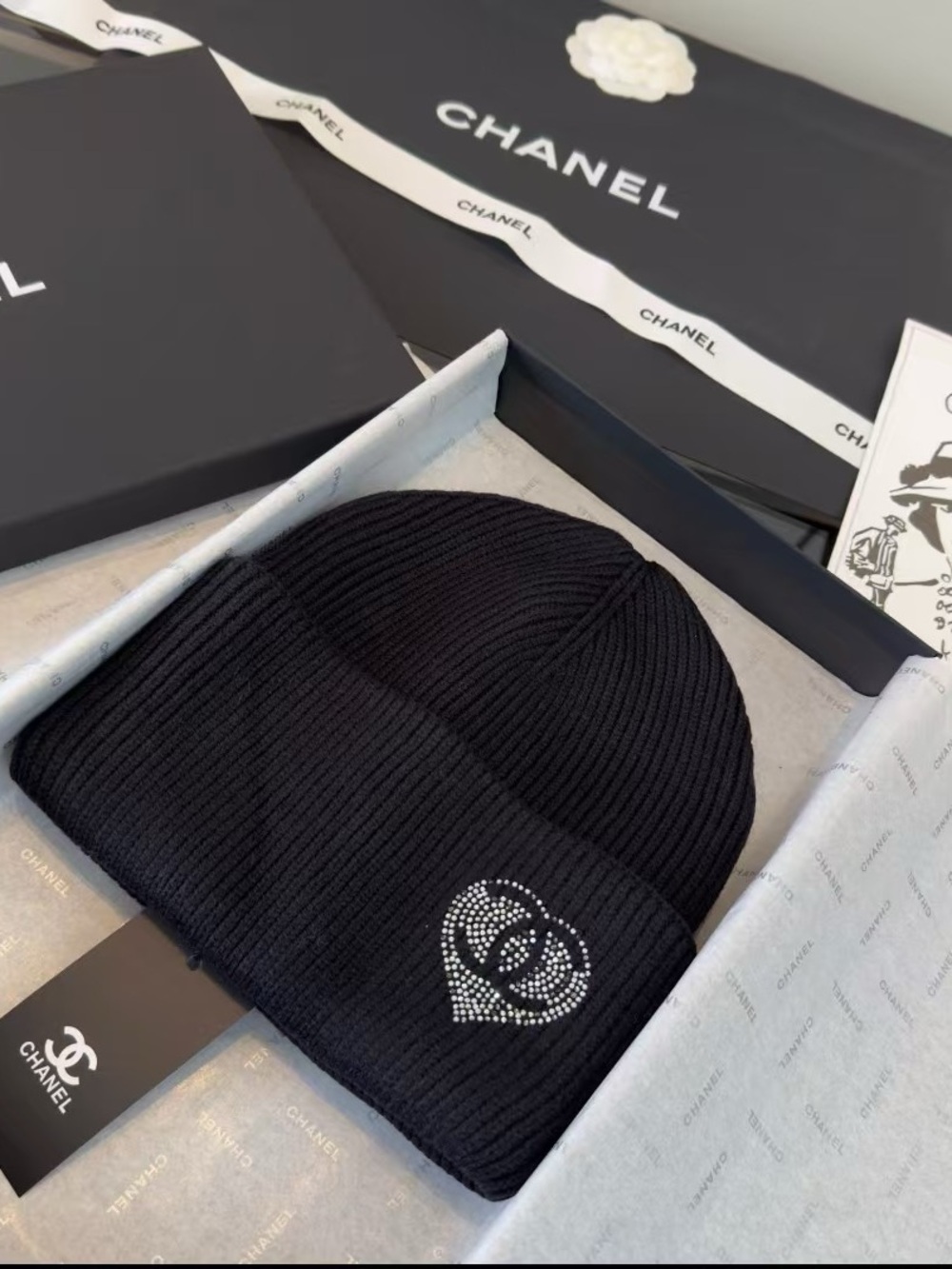 CHANEL Black Ribbed Kids Knit Beanie with Crystal Heart